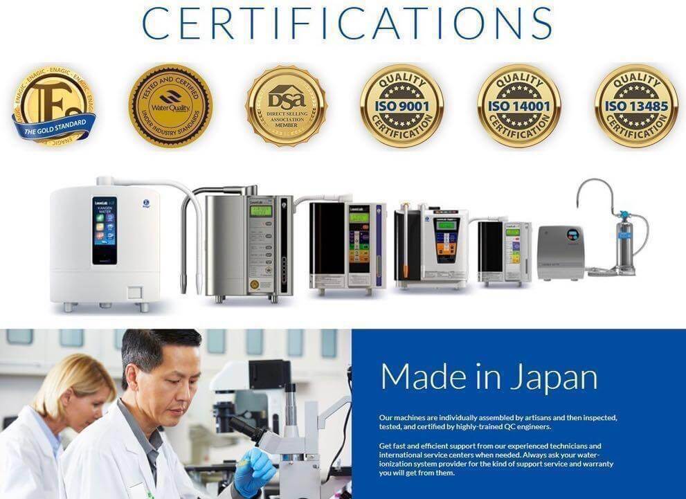 các chứng nhận về nước kangen